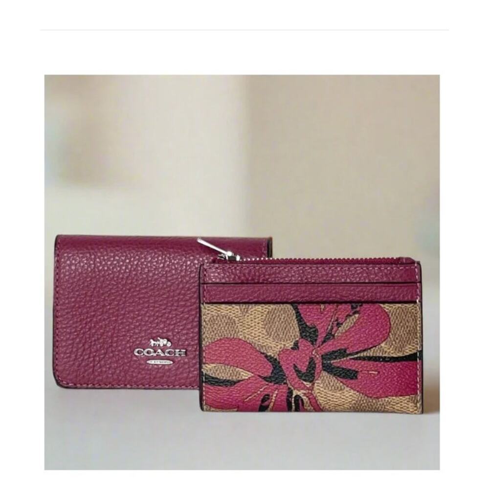 Coach Double Card Holder Mini Wallet Red Bow Signature Canvas CZ447